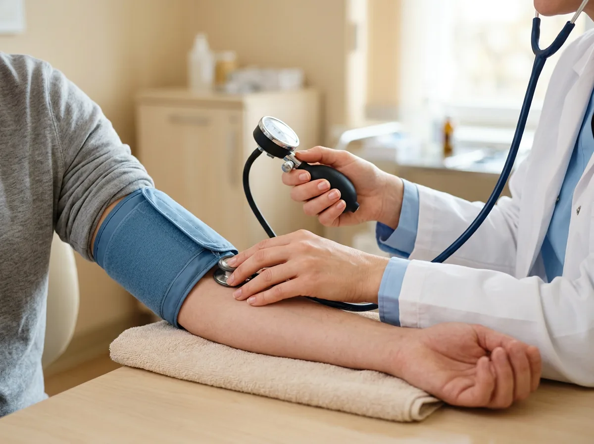 Врач измеряет артериальное давление пациенту тонометром